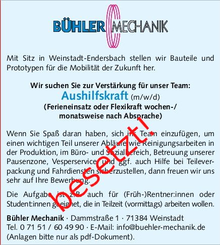 Stellenangebote Bühler Mechanik